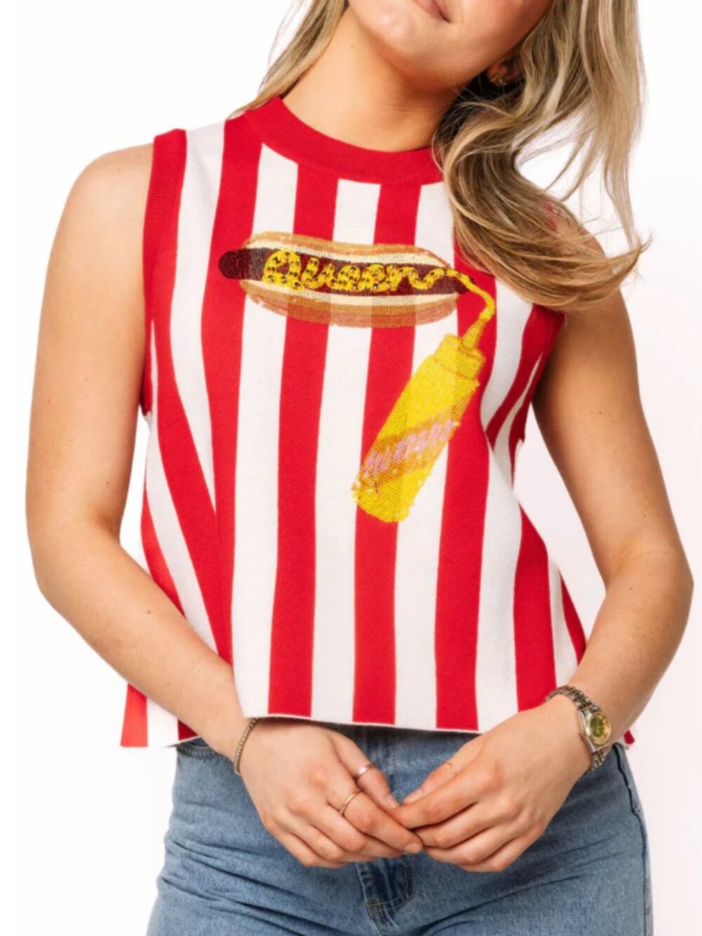 QUEEN OF SPARKLES Red & White Striped “Queen” Mustard on Hot Dog Knit Tank